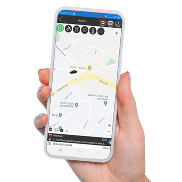 A person holding a smartphone with a gps app, utilizing insurance approved vehicle trackers.